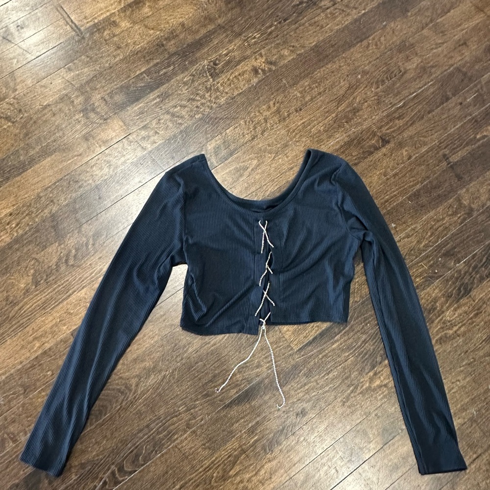 Women's Black Sparkly Lace Up Back Long Sleeve Crop Top Medium